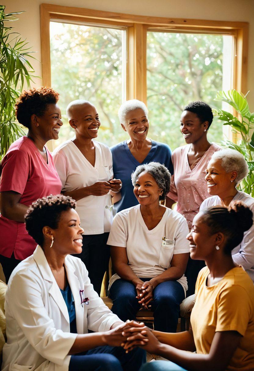 A bright, hopeful scene depicting a diverse group of people, including patients and caregivers, gathered in a cozy support space, sharing stories and laughter amidst soothing natural elements like plants and sunlight. Soft glowing light illuminates their faces, symbolizing hope and empowerment. Include subtle imagery of cancer awareness ribbons in the background. super-realistic. vibrant colors. warm tones.