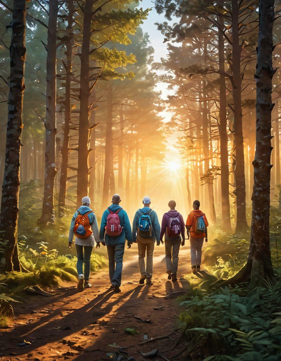 A symbolic journey illustrating the cancer experience, featuring a diverse group of cancer survivors walking hand in hand through a vibrant forest, holding empowering resources like books and support banners. A shining path leads towards a bright sunrise, symbolizing hope and transformation. The scene radiates warmth and resilience. super-realistic. vibrant colors. inspirational atmosphere.